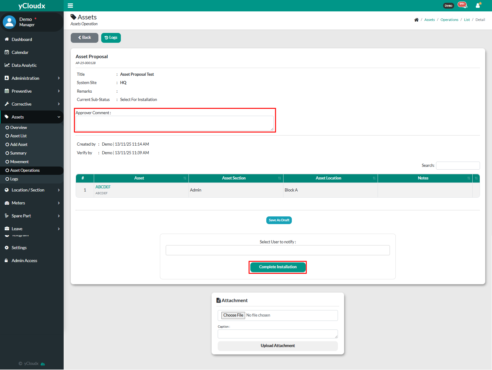 How to approve for asset proposal (Complete Installation)? - yCloudx