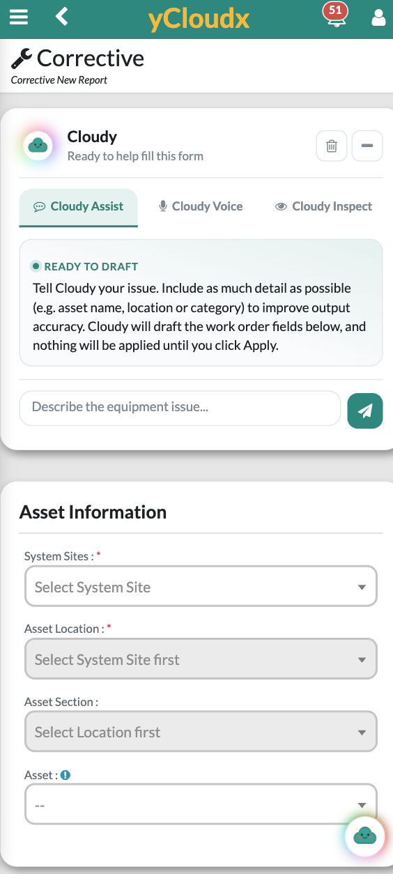 Cloudy Assist in a mobile corrective work order form with Assist, Voice and Inspect tabs and a review-before-Apply message