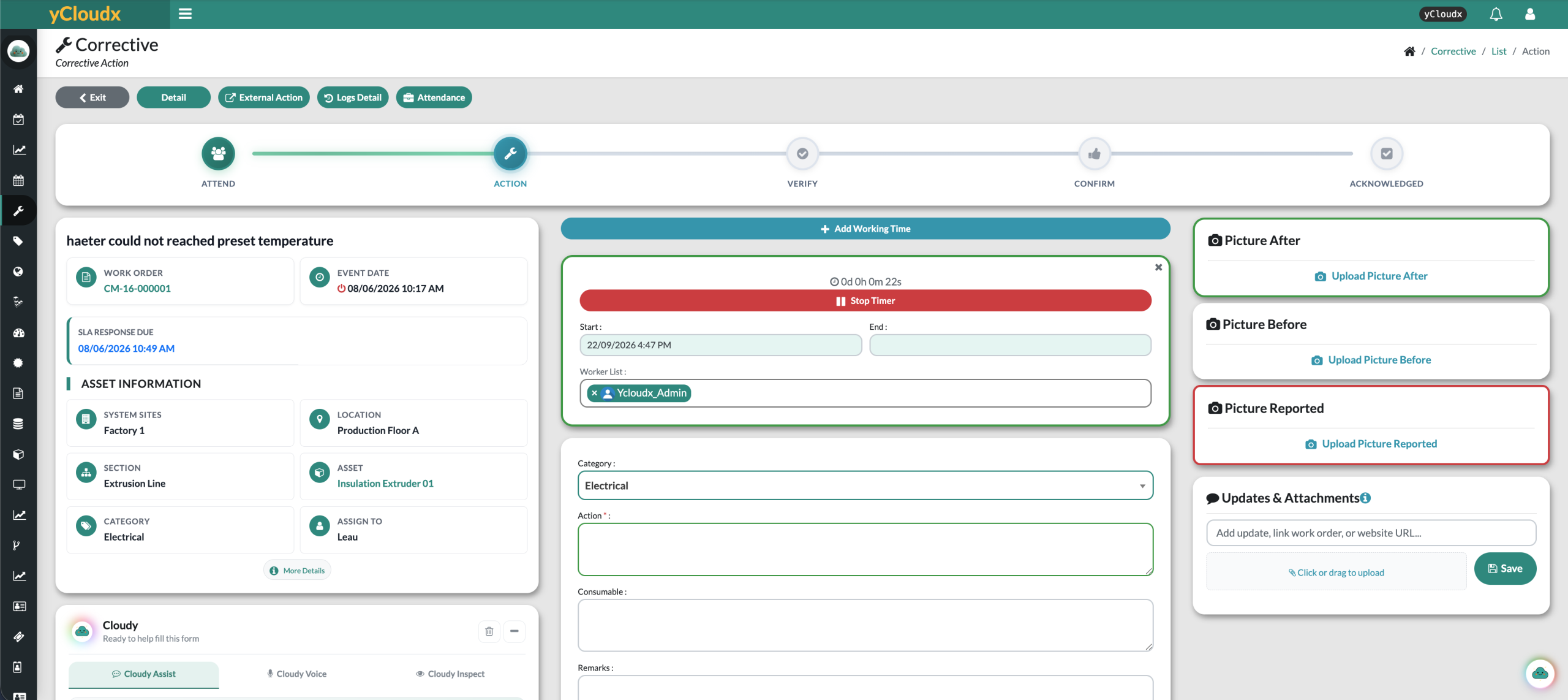 yCloudx corrective work order with asset and location details, SLA response due, start-stop working timer and before-after photo uploads