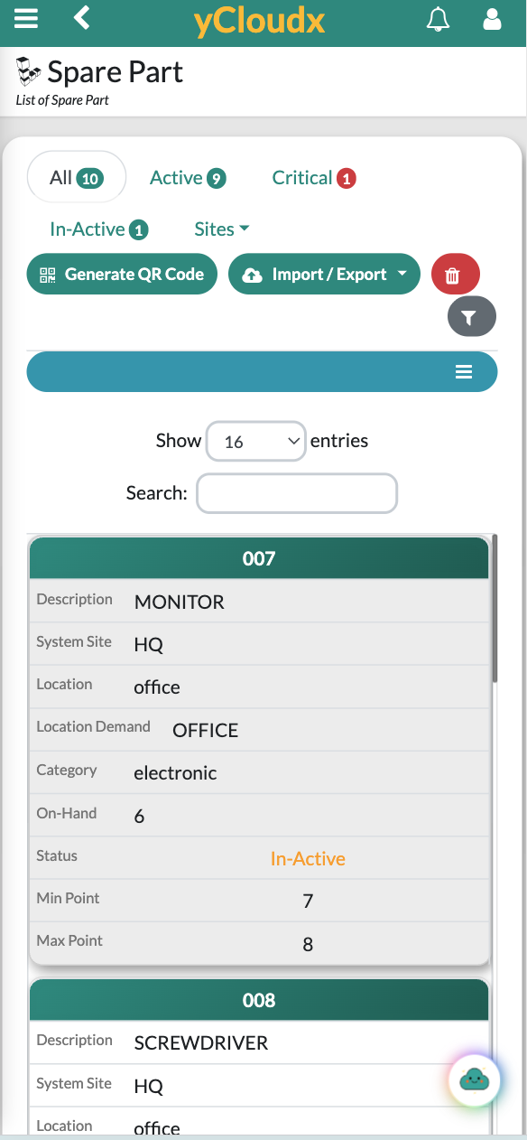 yCloudx mobile spare parts list with QR generation, active and critical filters, site and location, on-hand stock and minimum and maximum levels
