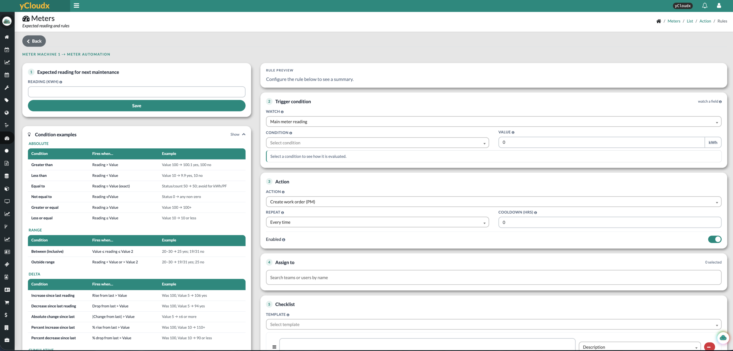 yCloudx meter rule configuration showing threshold conditions, create PM work order action, repeat and cooldown controls, assignees and checklist template
