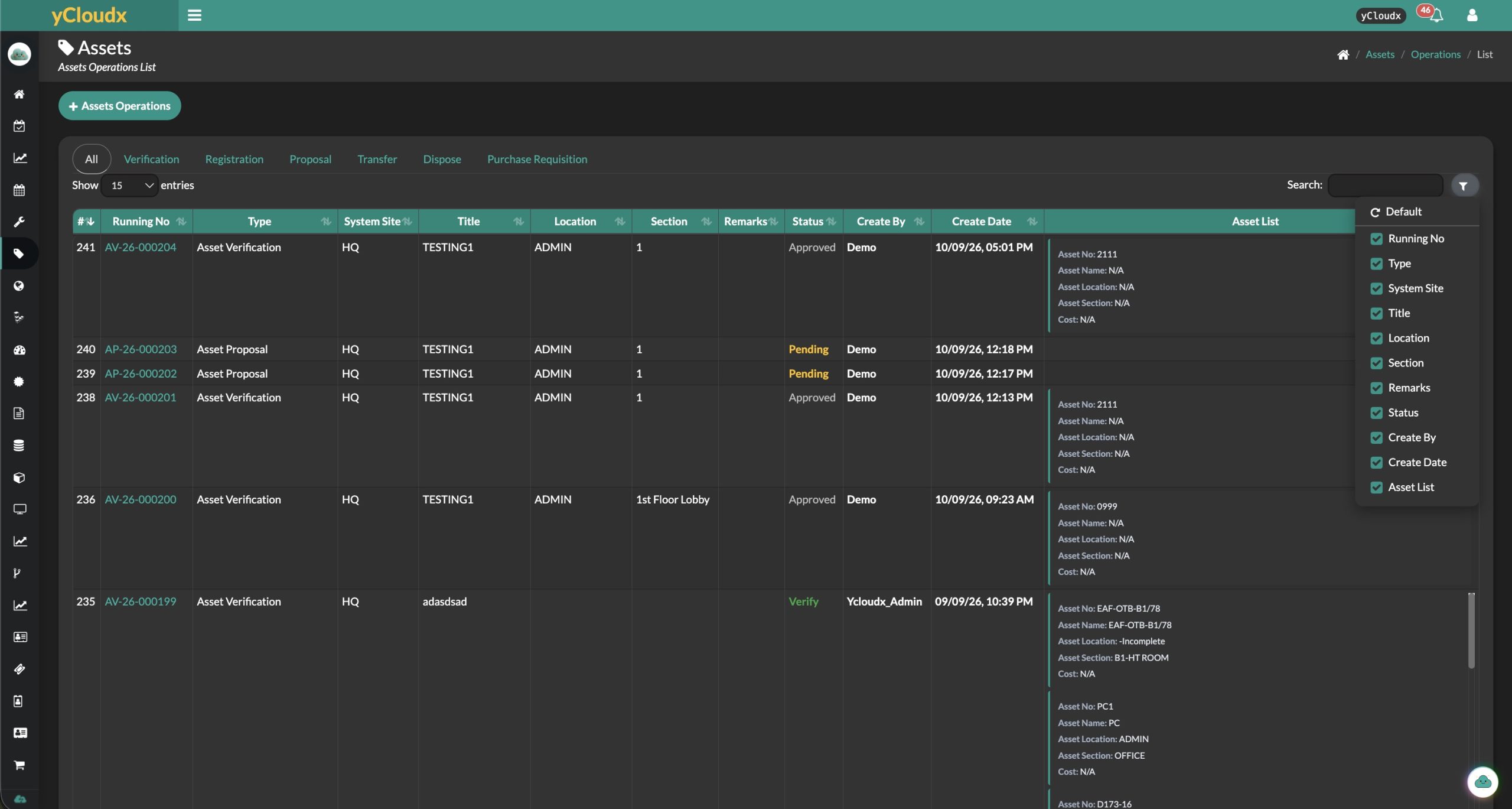 yCloudx asset operations list with verification, registration, proposal, transfer and disposal categories and approval statuses