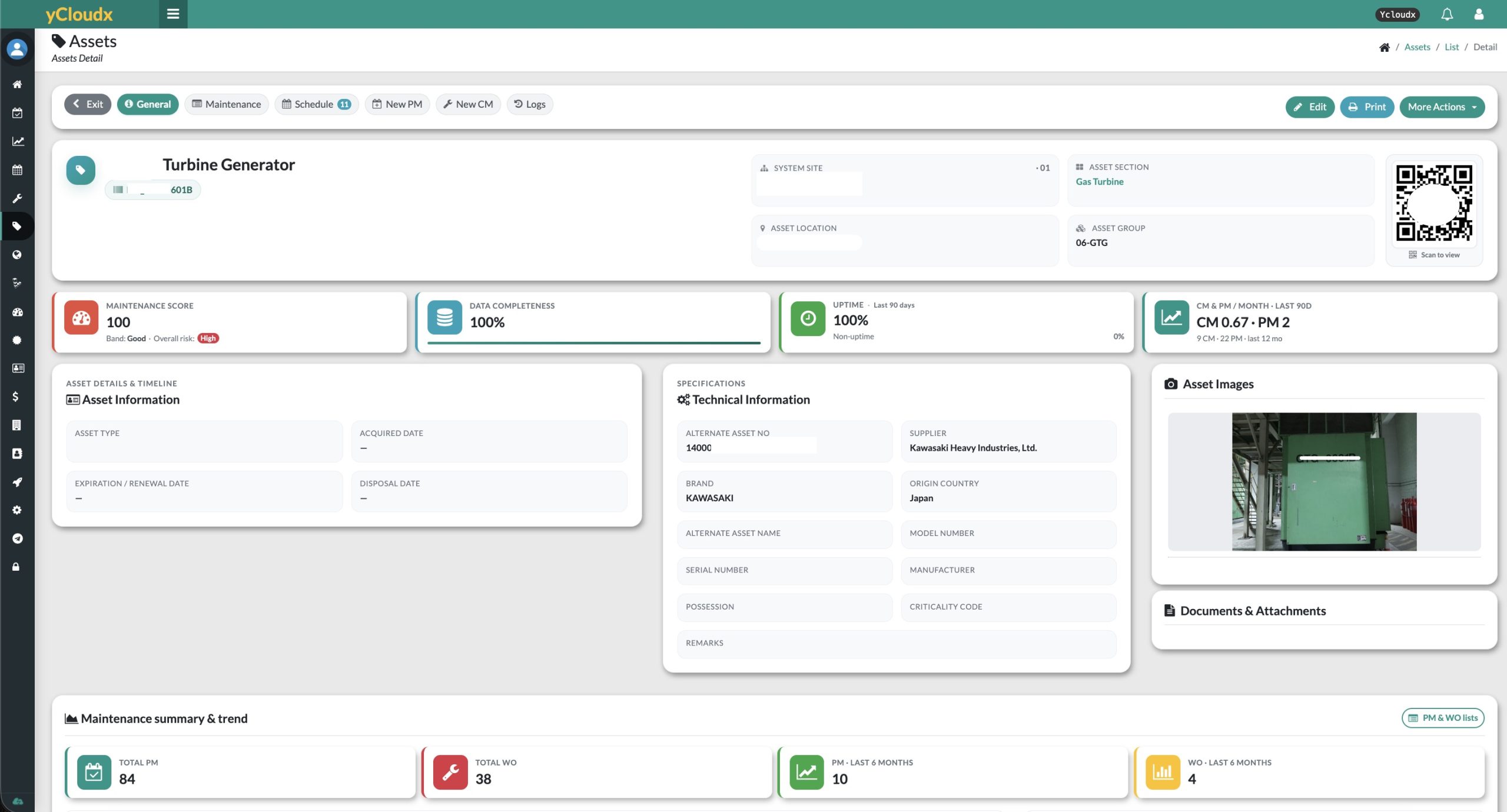yCloudx asset record with QR identification, technical specifications, maintenance summary and asset documents