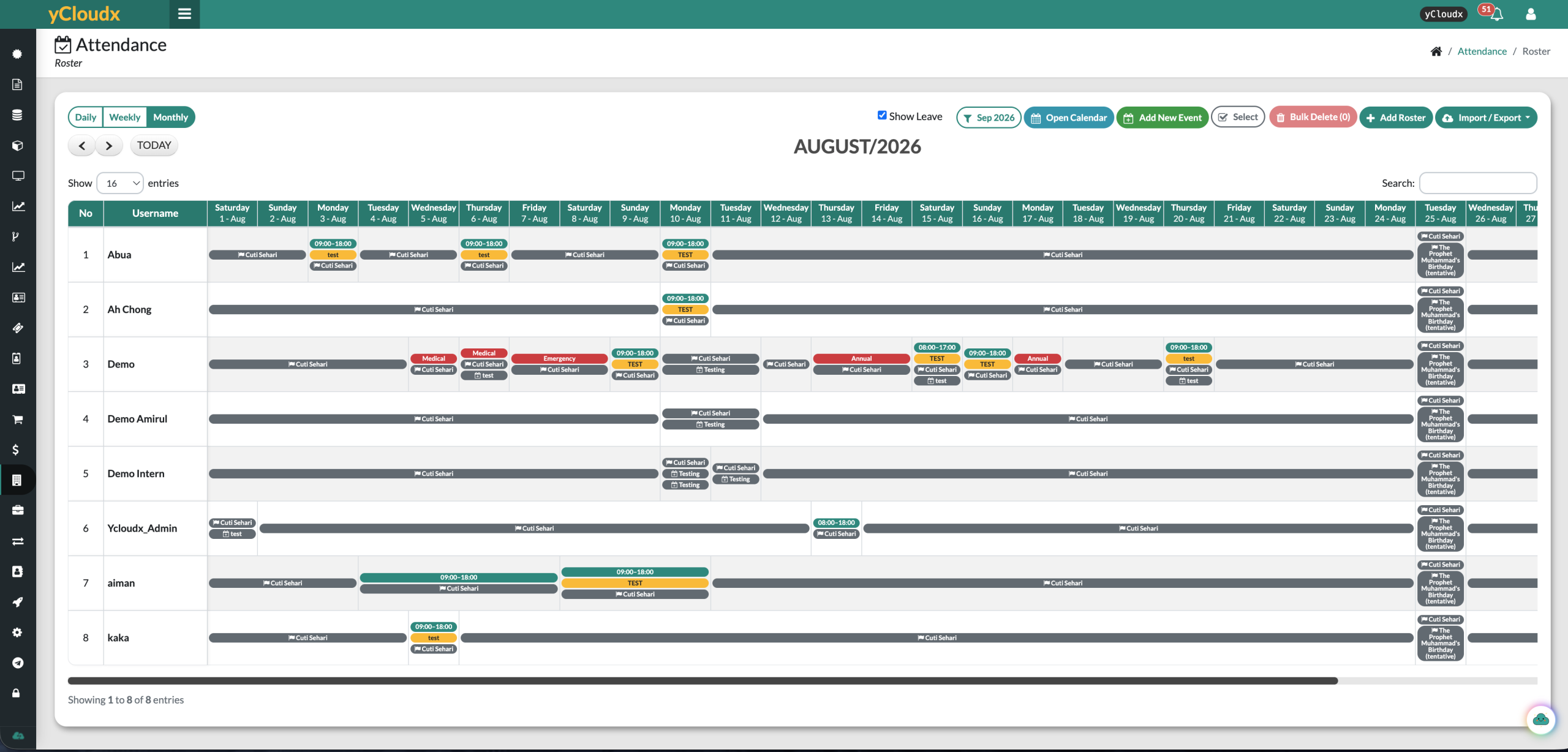 yCloudx monthly attendance roster showing staff schedules, working hours, holidays and leave