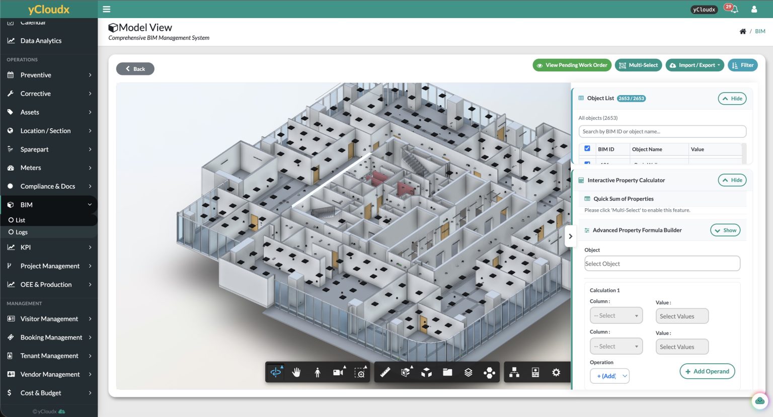 yCloudx BIM model view showing a 3D building model with asset information panel