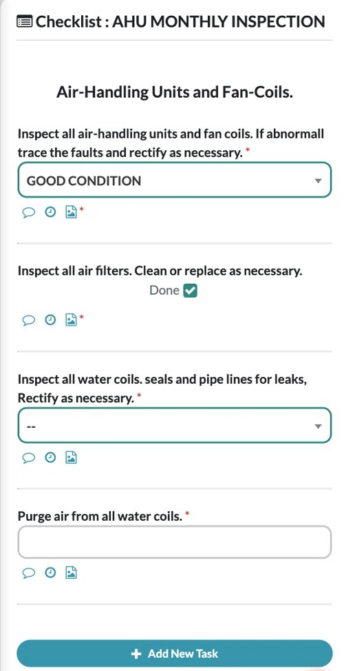 Mobile AHU monthly inspection checklist with condition, photo and task controls