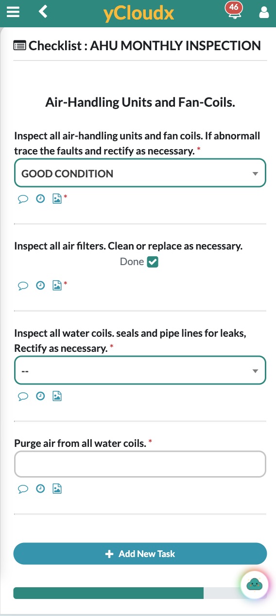 Real yCloudx mobile AHU monthly inspection checklist showing task responses, completion and photo attachment controls