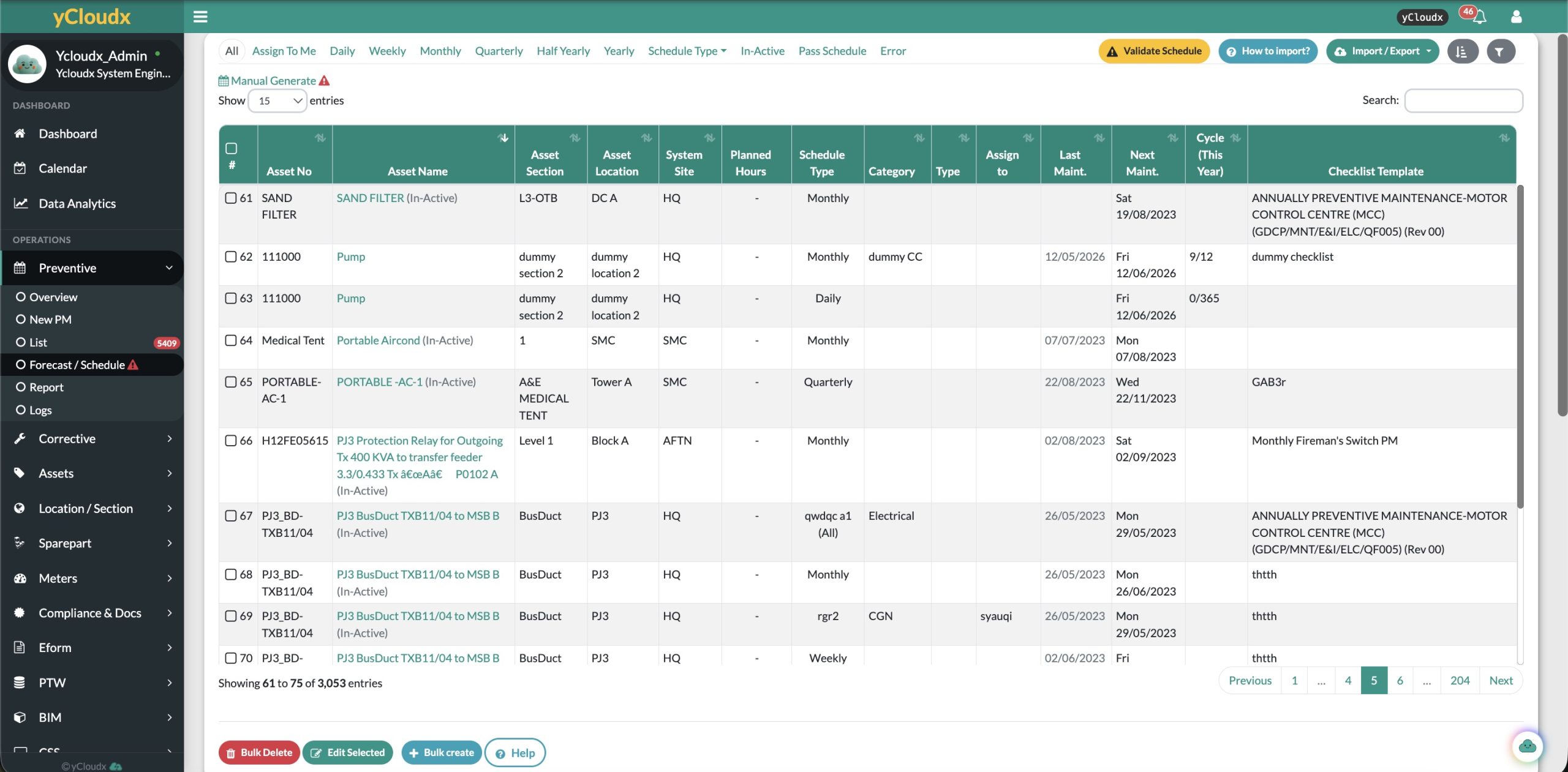 yCloudx preventive maintenance scheduling list showing assets, locations, frequency, assigned personnel, next maintenance and checklist templates