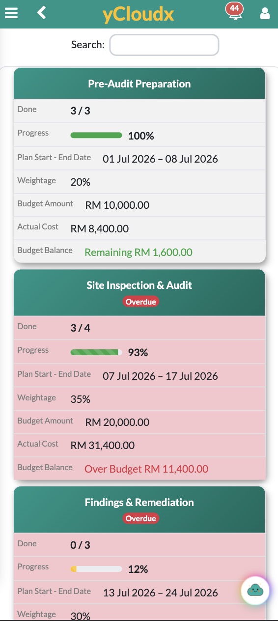 yCloudx mobile project board showing progress, planned dates and budget balances