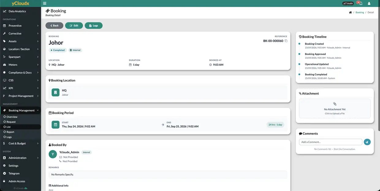 yCloudx booking detail with approval timeline, attachments and comments